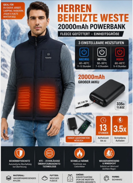 TOASTIV Erkek Isıtmalı Yelek ve 20000mAh Power Bank