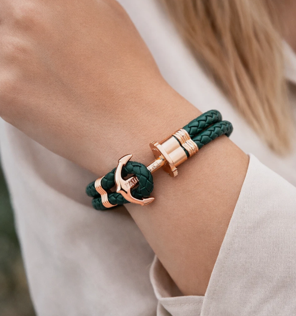 Paul Hewitt Women's Leather Bracelet with Anchor Clasp – Green Size XL