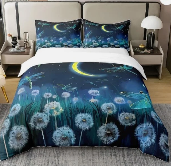 Bedding Set 135x200 cm, 100% Cotton, Dandelion, Dragonfly, Moon, Blue, 2-Piece